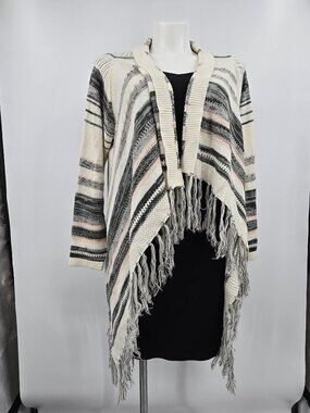 Torrid Womens 18/20 Fringe Open Cardigan Sweater Size 2 Ivory Black Striped Knit